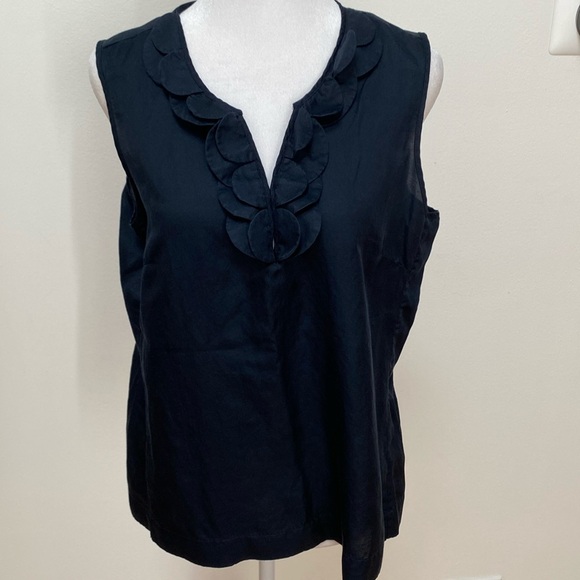 Talbots Tops - Talbots silk blend navy silk and cotton blue scalloped necklace blouse size 10